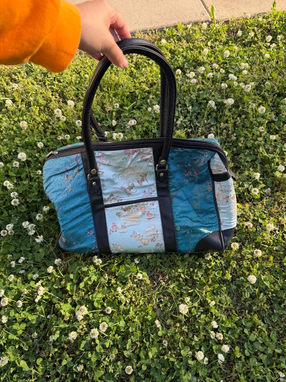 Vintage teal  and Light Blue Floral Satchel Bag with Black Trim.